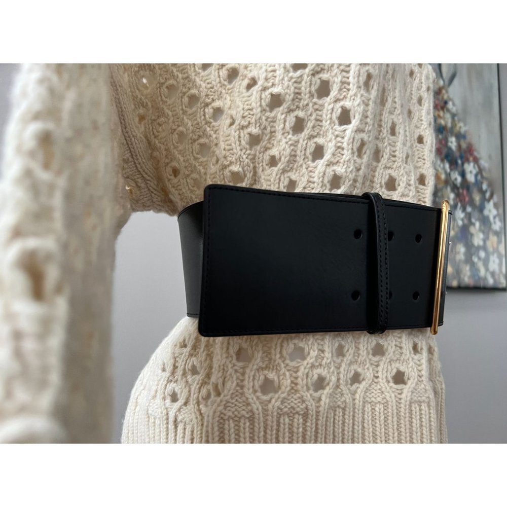 Alexander McQueen Black Leather Wide Belt with Gold Buckle - Picture 15 of 16